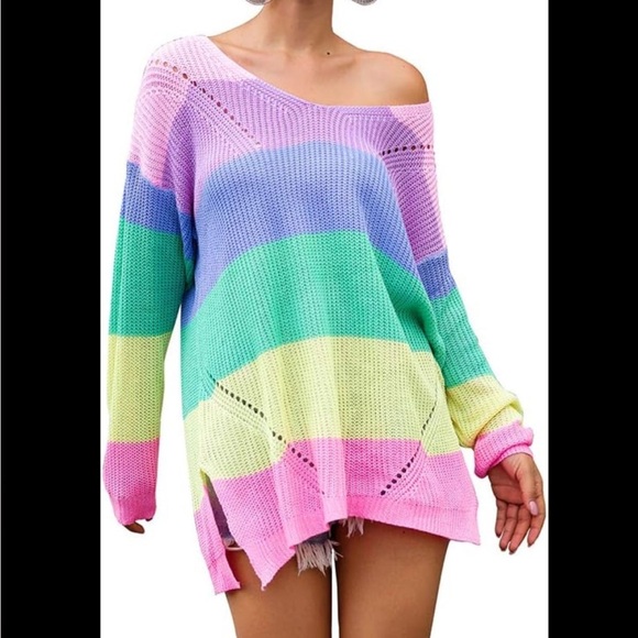 V-Neck Off The Shoulder Sweater Pastel Color Block  Oversized Knit Pullover L - Picture 10 of 11